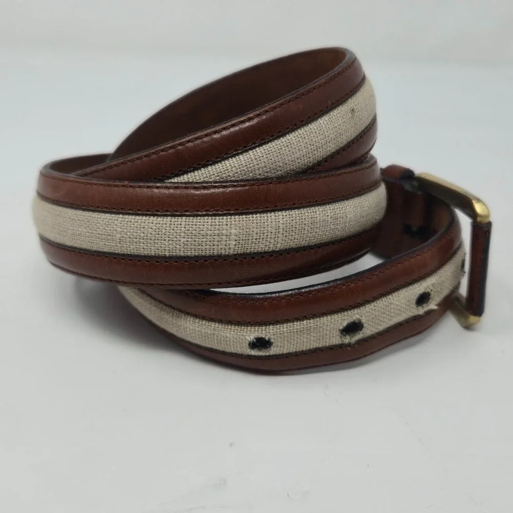 AS IS Saks Fifth Avenue Belt 38 M-3832 Spain Brown Leather Linen - MISSING PRONG